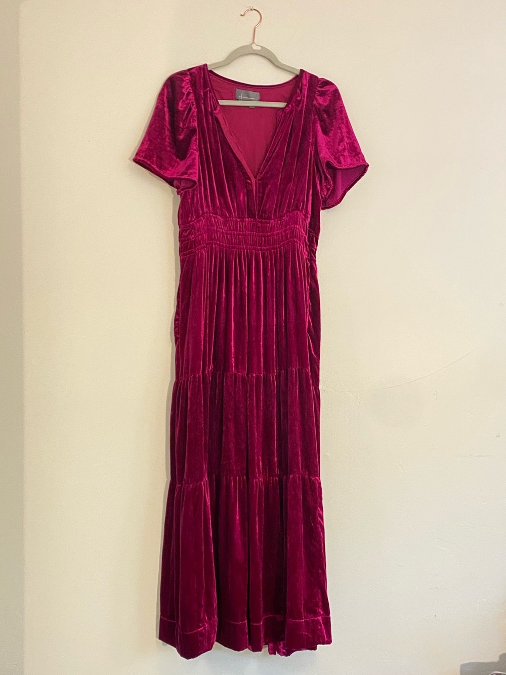 Anthropologie Somerset Rich Raspberry Pink Velvet V-Neck Maxi Tiered Dress M